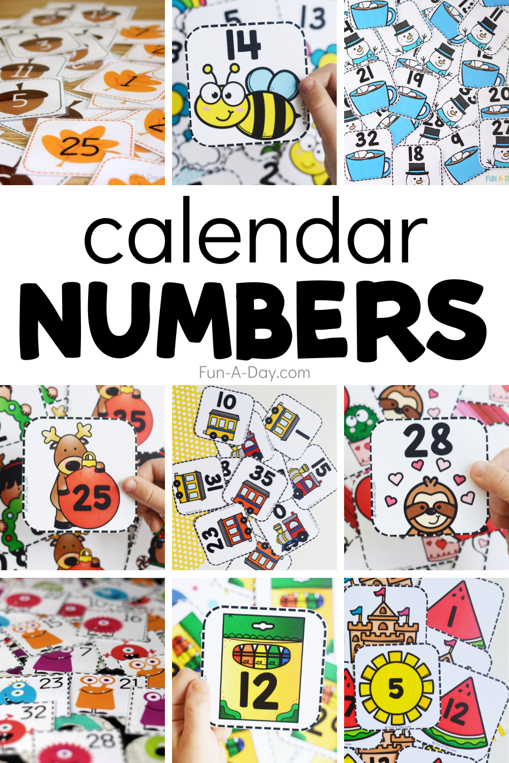 Collage of themed number cards with text that reads calendar numbers