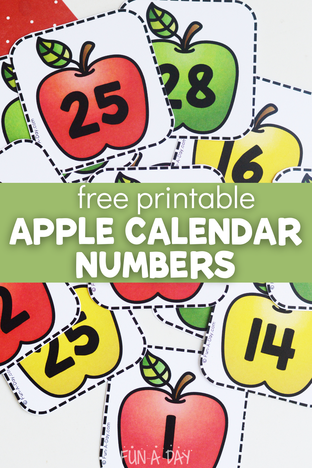 apple numbers spread on a table with text that reads free printable apple calendar numbers