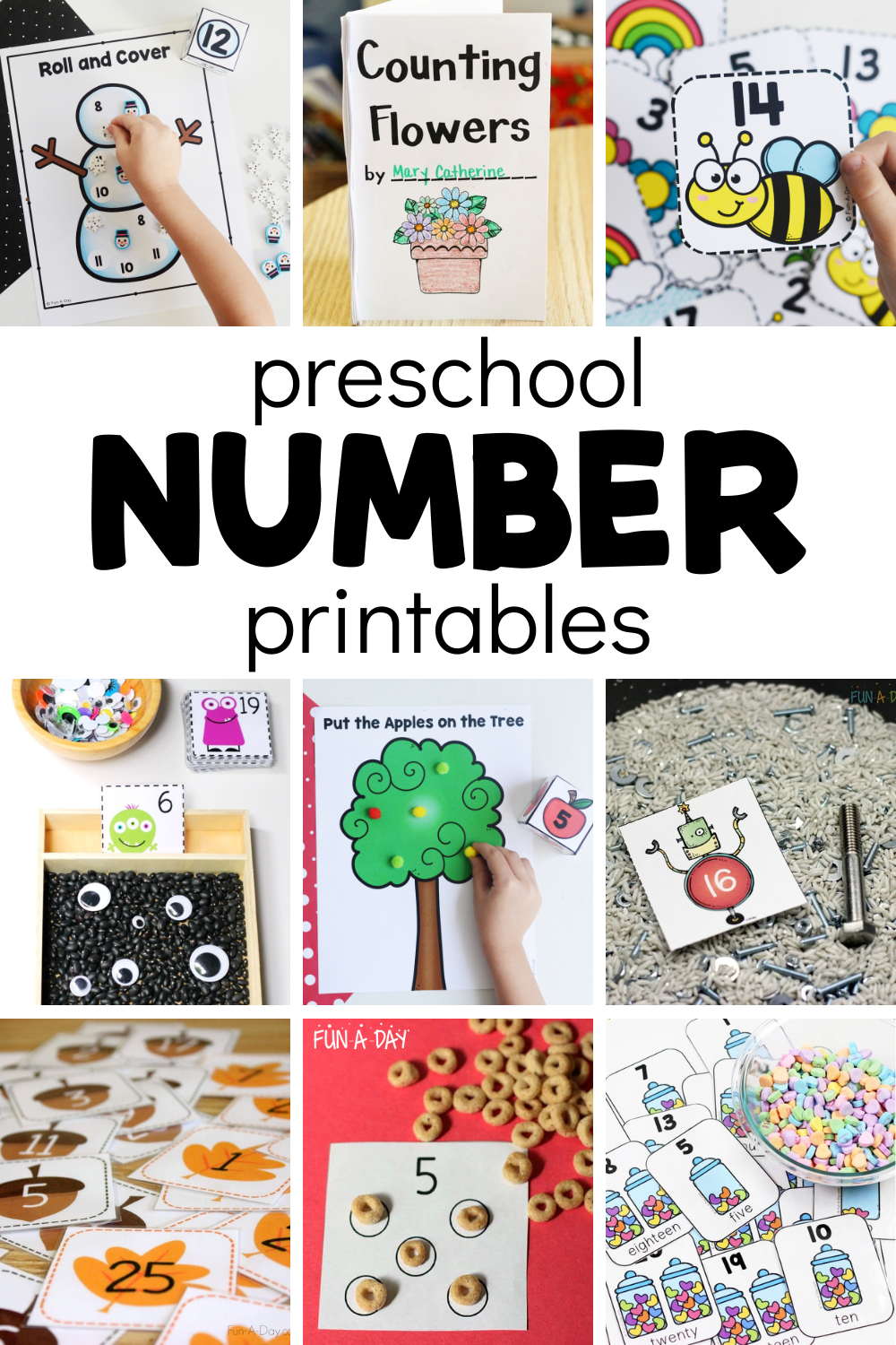 collage of counting activities with text that reads preschool number printables