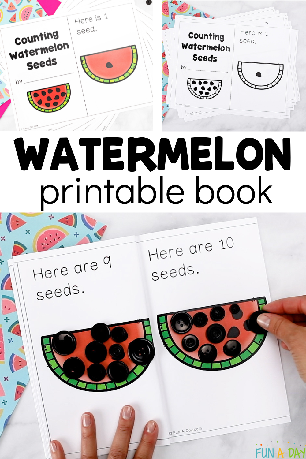 Collage of printable books with text that reads watermelon printable book