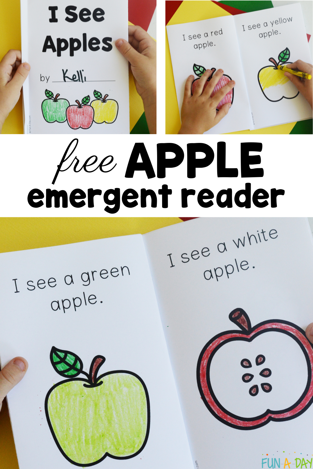 collage of printable apple book with text that reads free apple emergent reader
