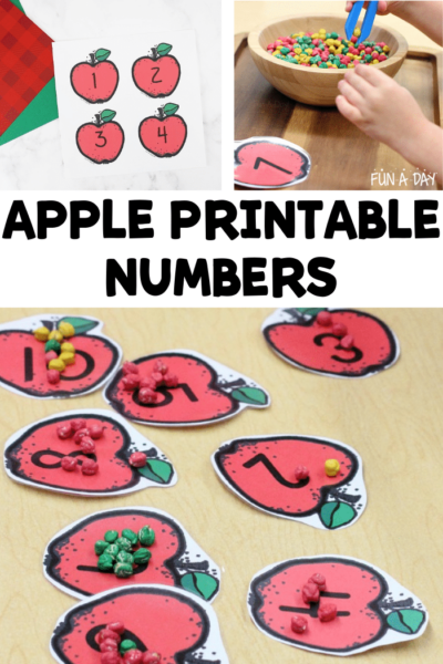 collage of apple number cards in use with text that reads apple printable numbers