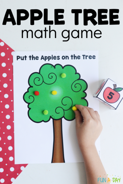 Preschooler playing apple math game with text that reads apple tree math game