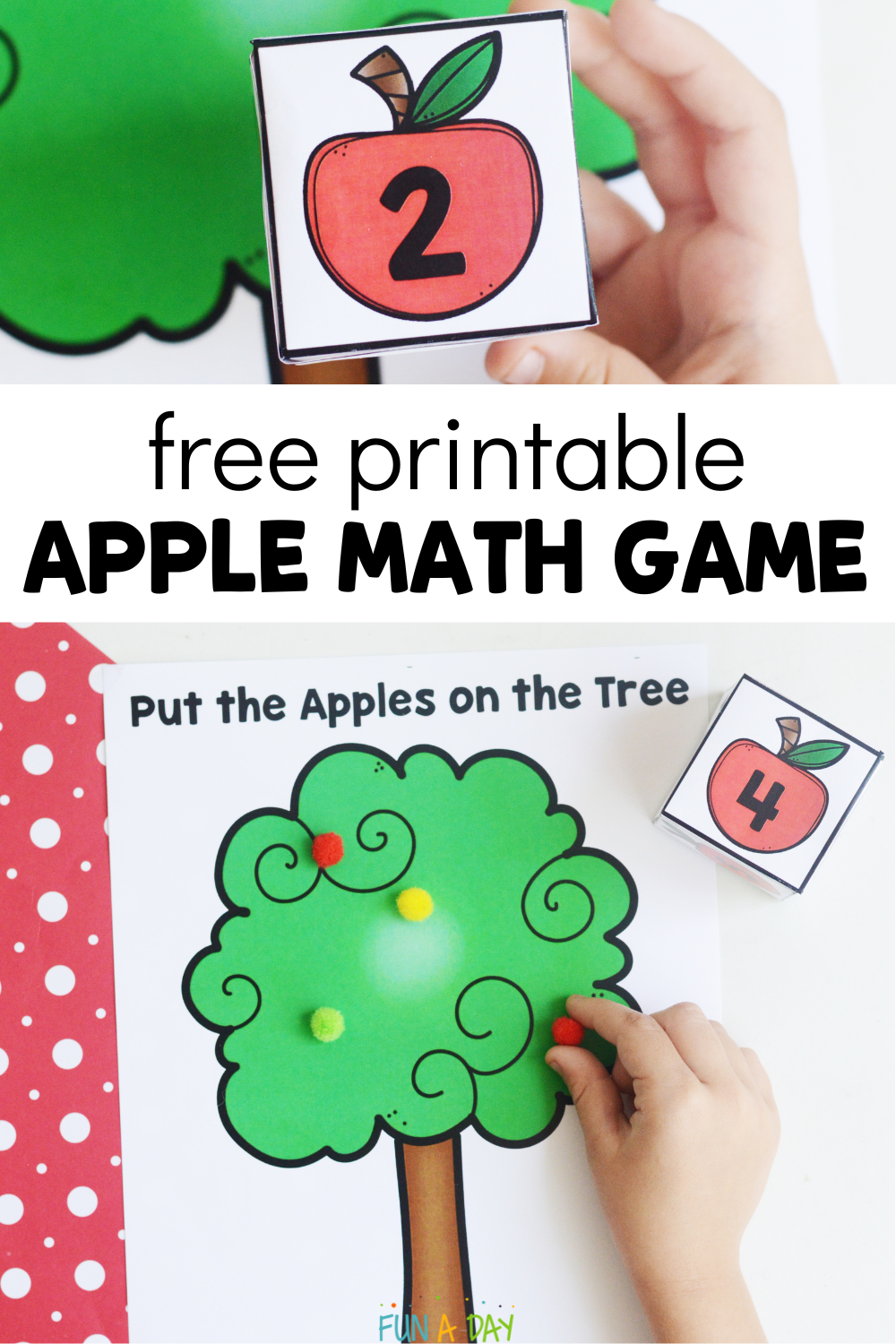 Preschooler holding number cube and playing math game, with text that reads free printable apple math game