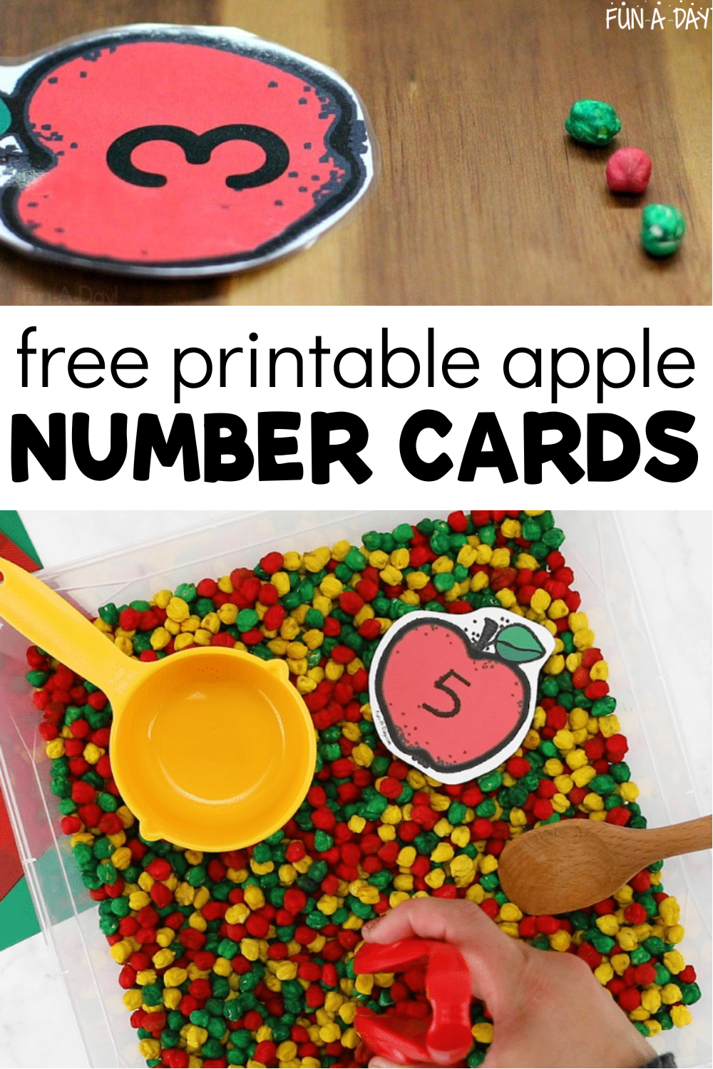 Printable apple number cards paired with dyed chickpeas in math and sensory play, with text that reads free printable apple number cards