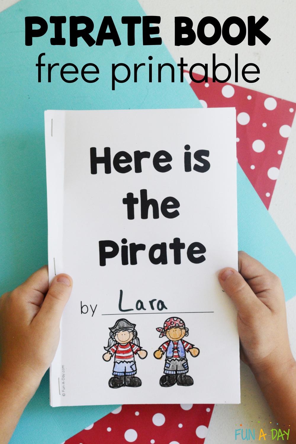 child holding a mini reader with text that reads pirate book free printable