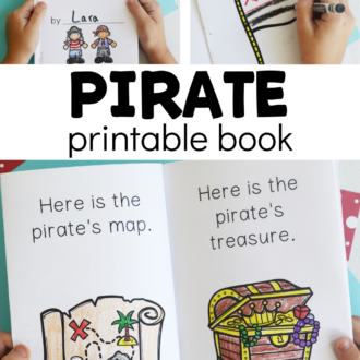 collage of preschooler with mini book and text that reads pirate printable book