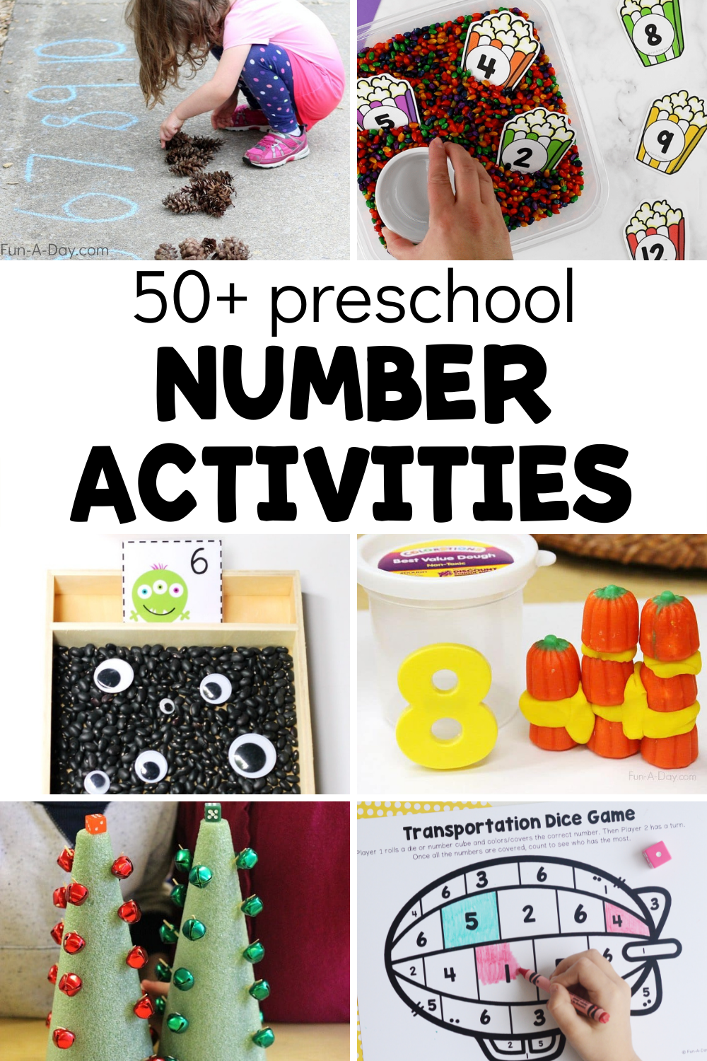 collage of math ideas with text that reads 50+ preschool number activities