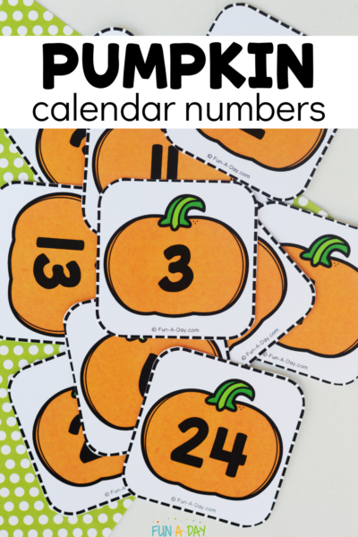 Stack of number cards in disarray with text that reads pumpkin calendar numbers