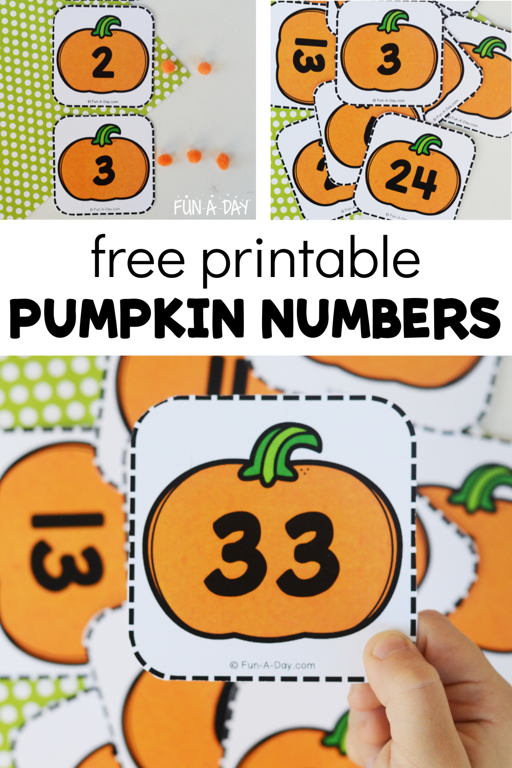 Collage of pumpkin calendar numbers in use with text that reads free printable pumpkin numbers