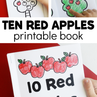 Collage of apple book-making with text reading ten red apples printable book