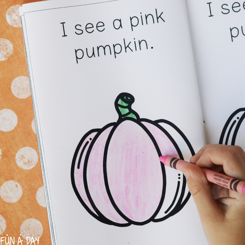 child coloring a pink pumpkin in pumpkin emergent reader