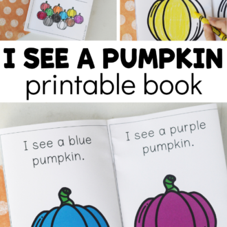 Views of pumpkin colors reader with text that reads I See a Pumpkin printable book