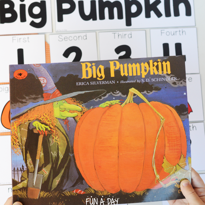 child's hand holding the book Big Pumpkin over a printable sequencing activity for the story