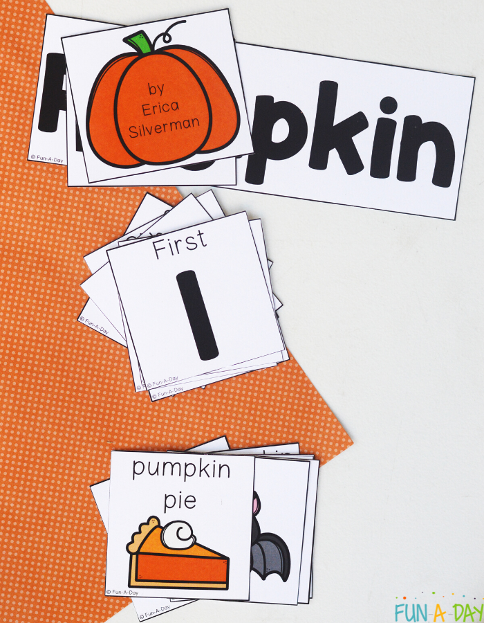 pile of big pumpkin sequencing pictures, words, and numbers