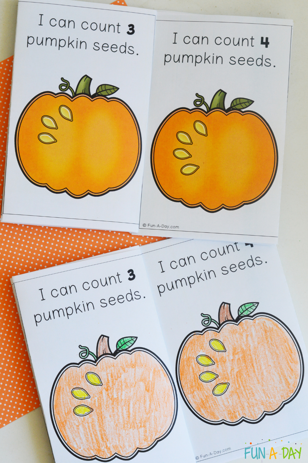 2 counting pumpkin seeds printable books - one color and one in black-and-white