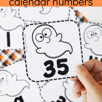 child holding ghost number card 35 and text that reads ghost calendar numbers