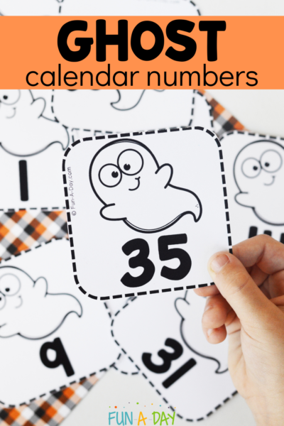 child holding ghost number card 35 and text that reads ghost calendar numbers