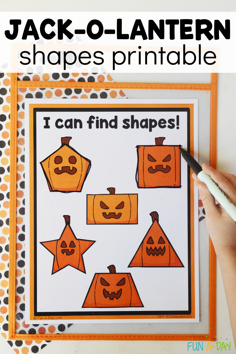 child using dry erase marker on shape mat with text that reads jack-o-lantern shapes printable