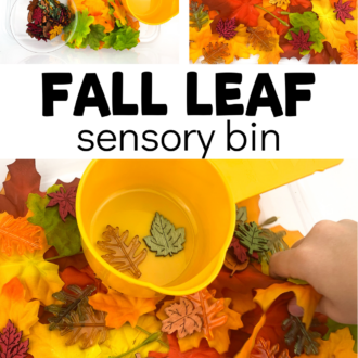 collage of fake fall leaves with text that reads fall leaf sensory bin