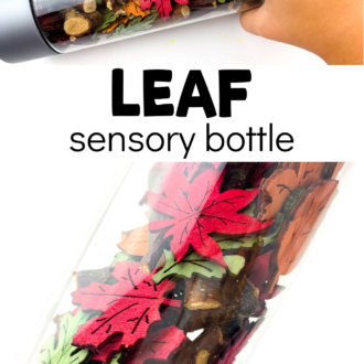 Multiple views of fall sensory bottle with text that reads leaf sensory bottle