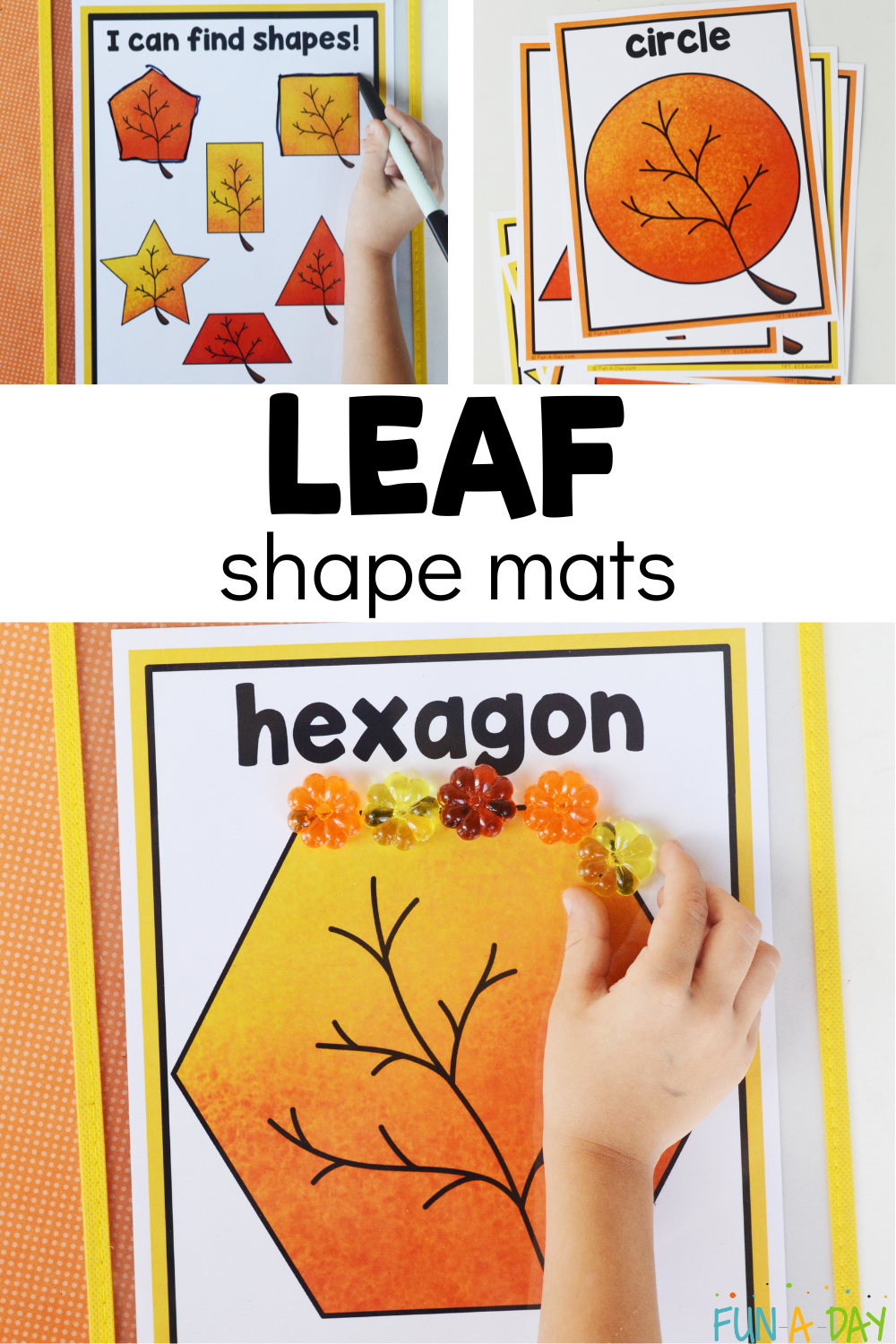 Various uses for shape playdough mats with text that reads leaf shape mats