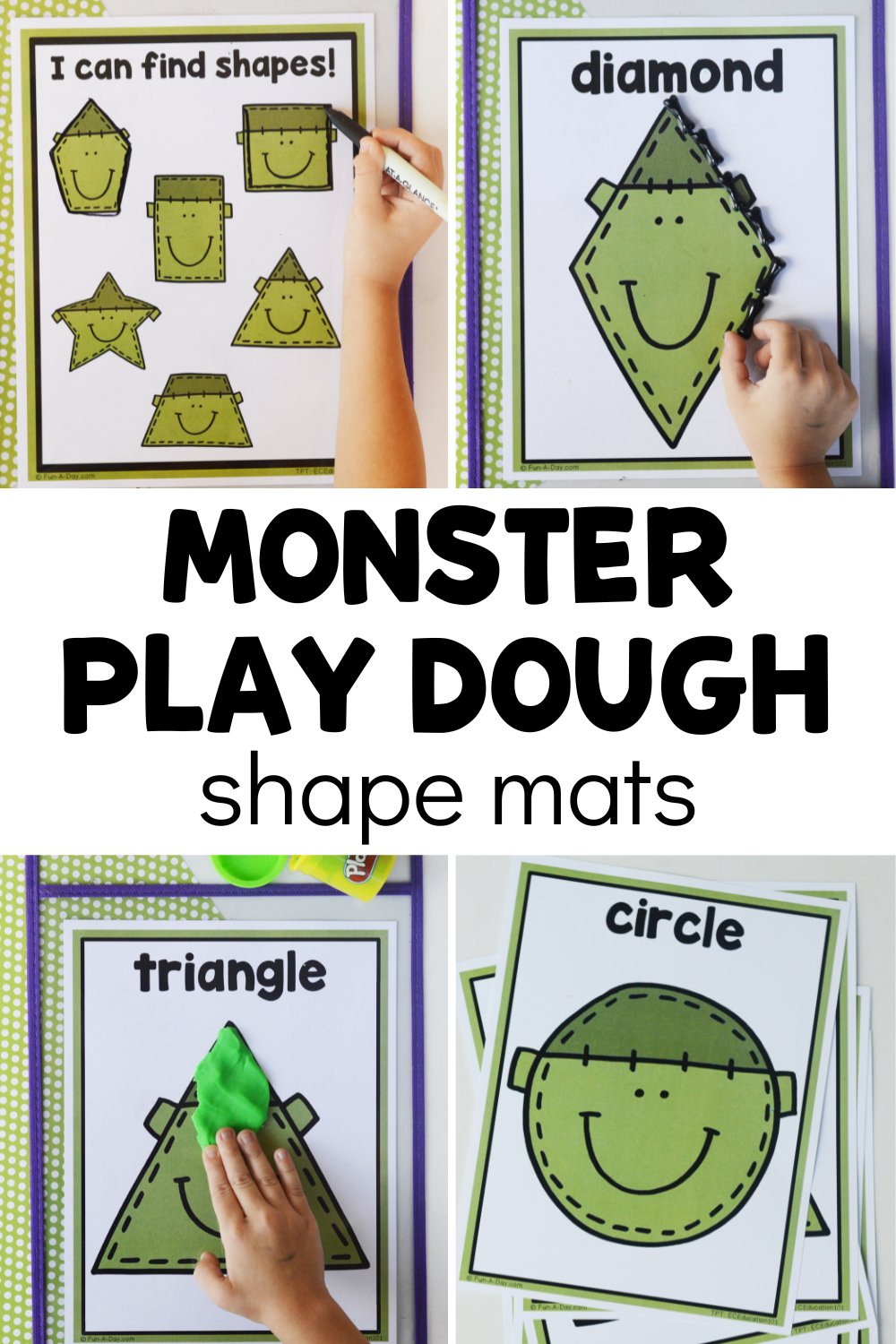 collage of monster shape mats with text that reads monster play dough shape mats