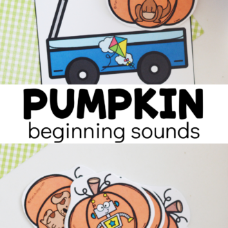 child matching kangaroo and kite cards with text that reads pumpkin beginning sounds