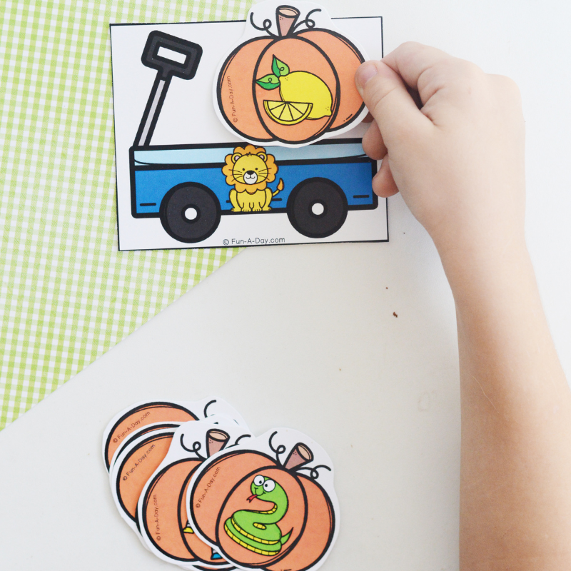 preschooler's hand matching pumpkin beginning sounds printable cards