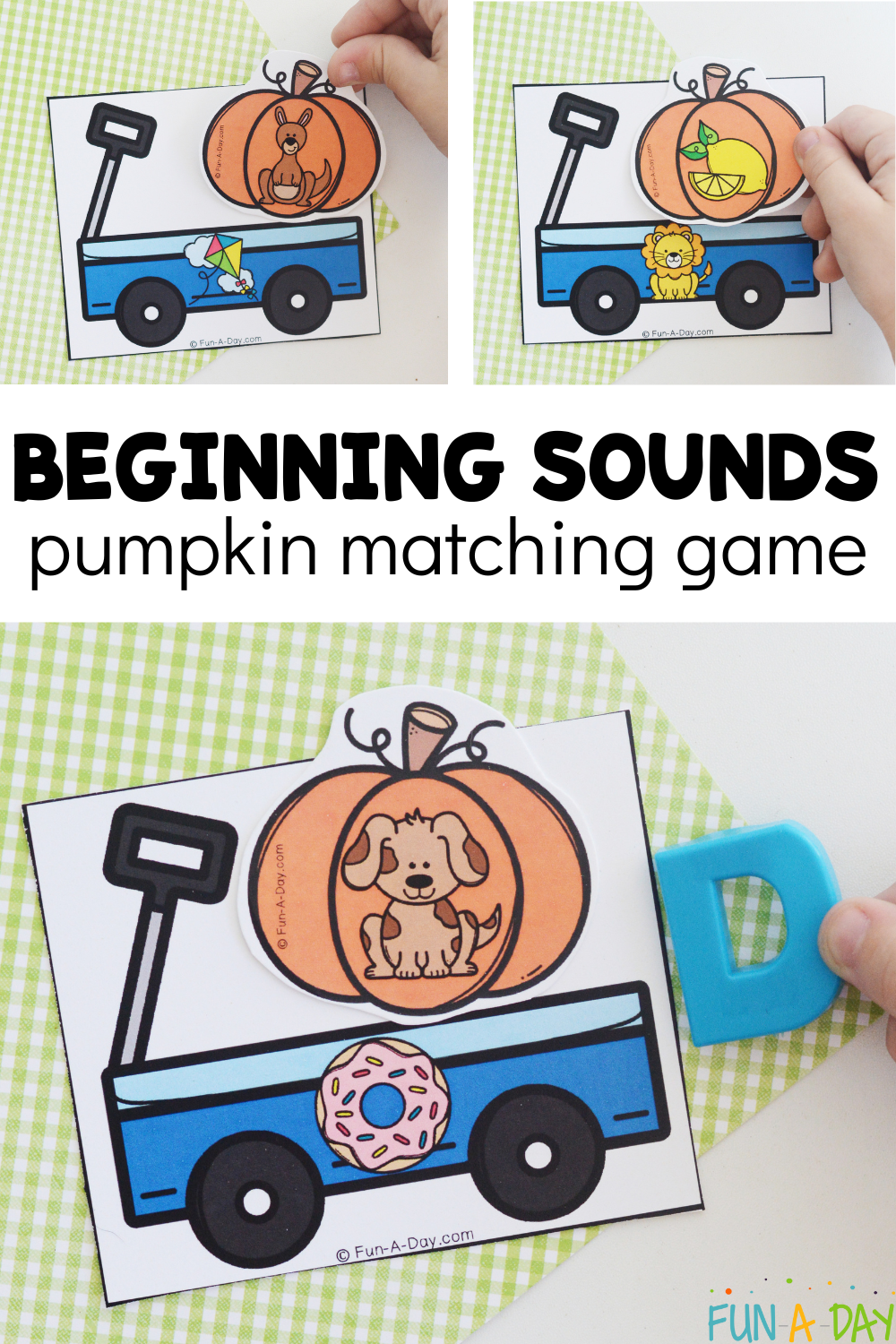 child's hand matching pictures with text that reads beginning sounds pumpkin matching game