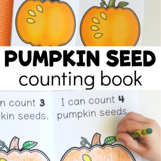 Multiple versions of pumpkin seed emergent reader with text that reads pumpkin seed counting book