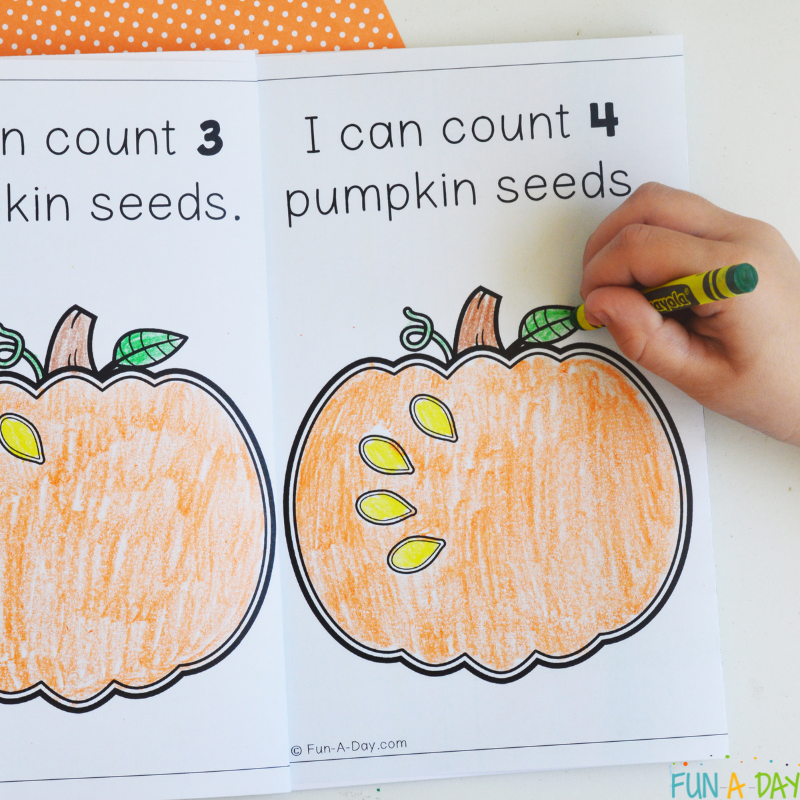 child coloring a page in the pumpkin seed counting book