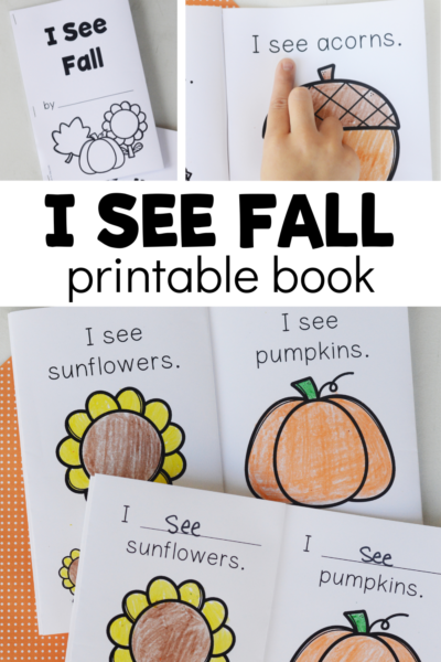 Multiple versions of early readers with text that reads I see fall printable book