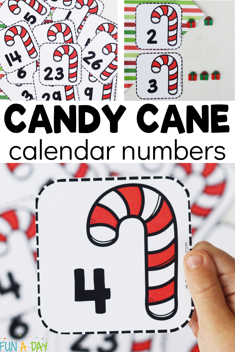 Multiple view of number cards with text that reads candy cane calendar numbers