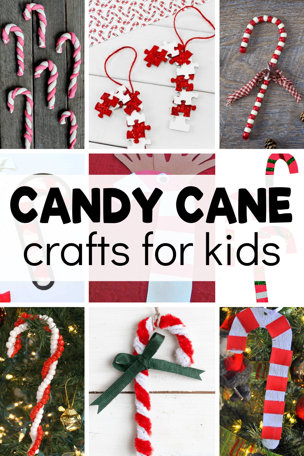 collage of candy cane creations with text that reads candy cane crafts for kids