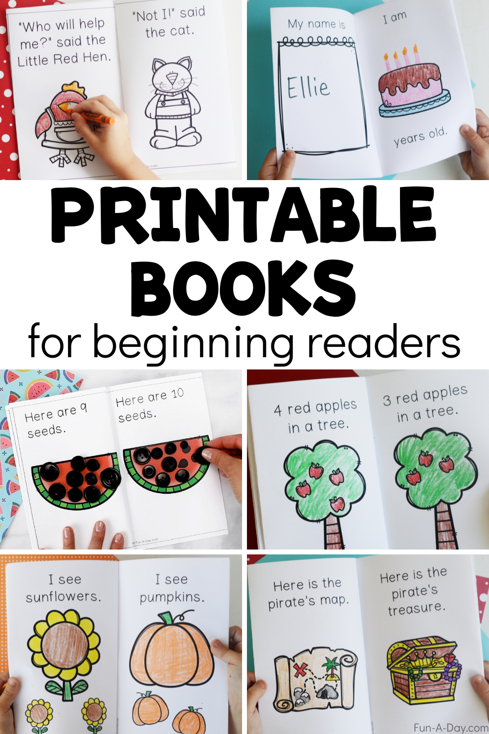 collage of emergent readers with text that reads printable books for beginning readers