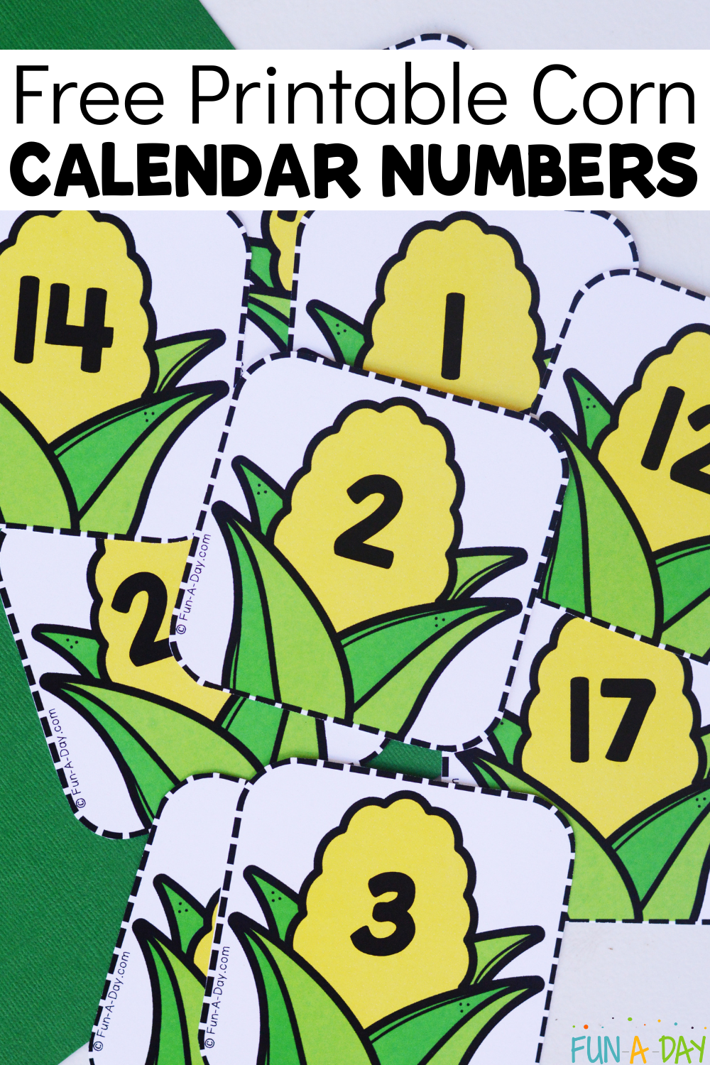 pile of number cards with text that reads free printable corn calendar numbers
