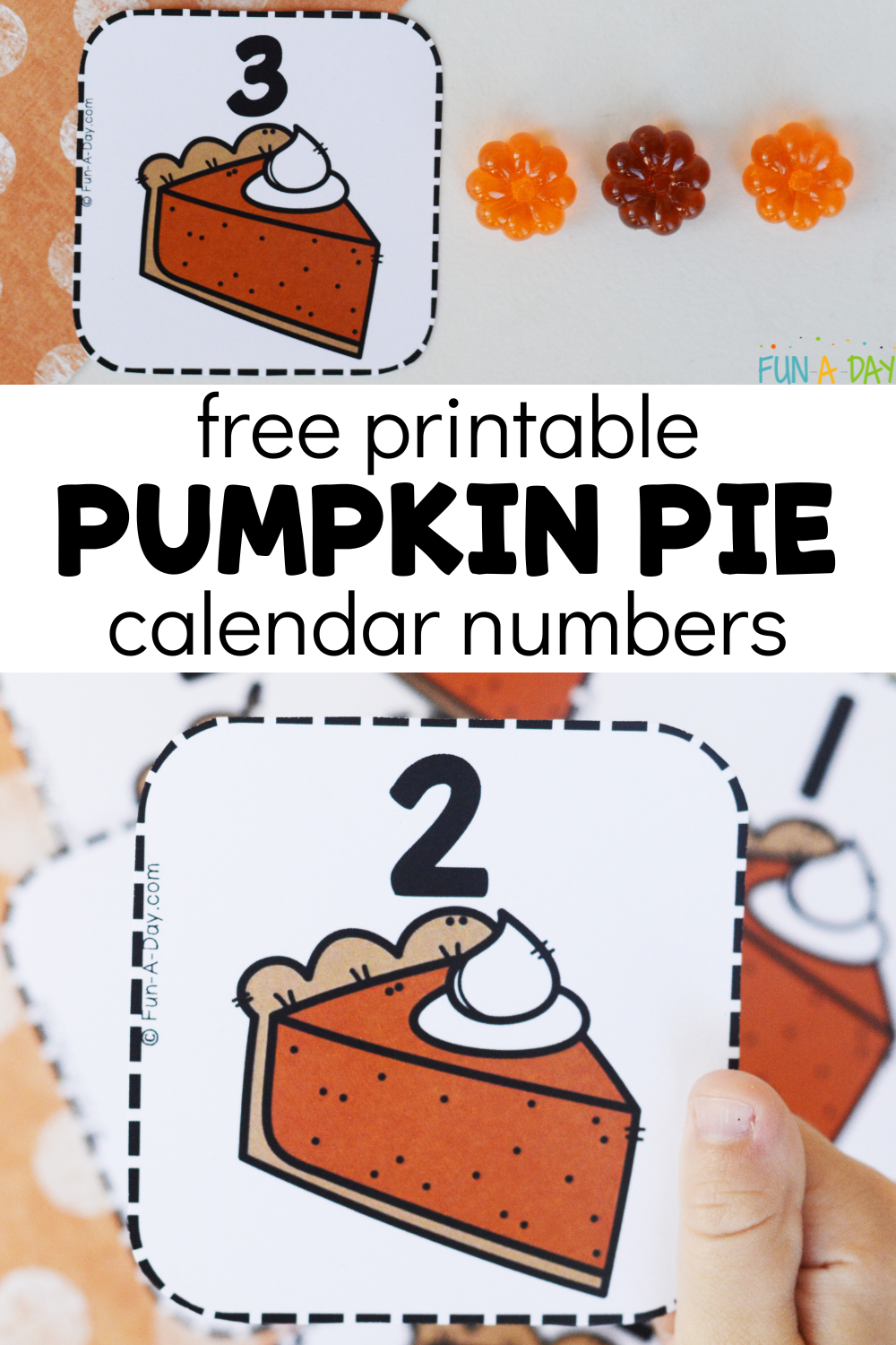 Multiple views of November number cards with text that reads free printable pumpkin pie calendar numbers
