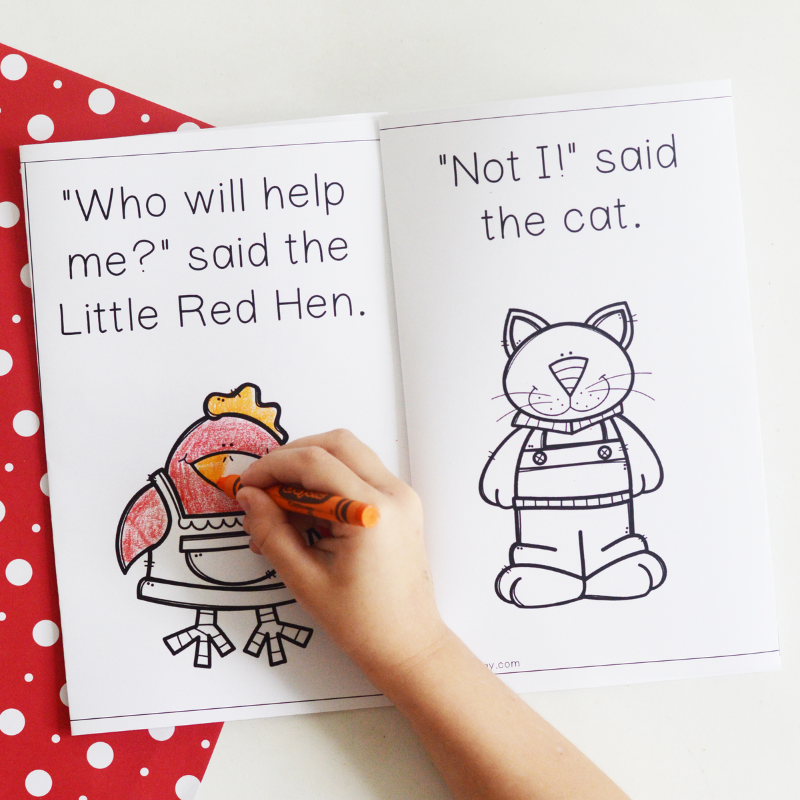 preschooler coloring in a little red hen story printable
