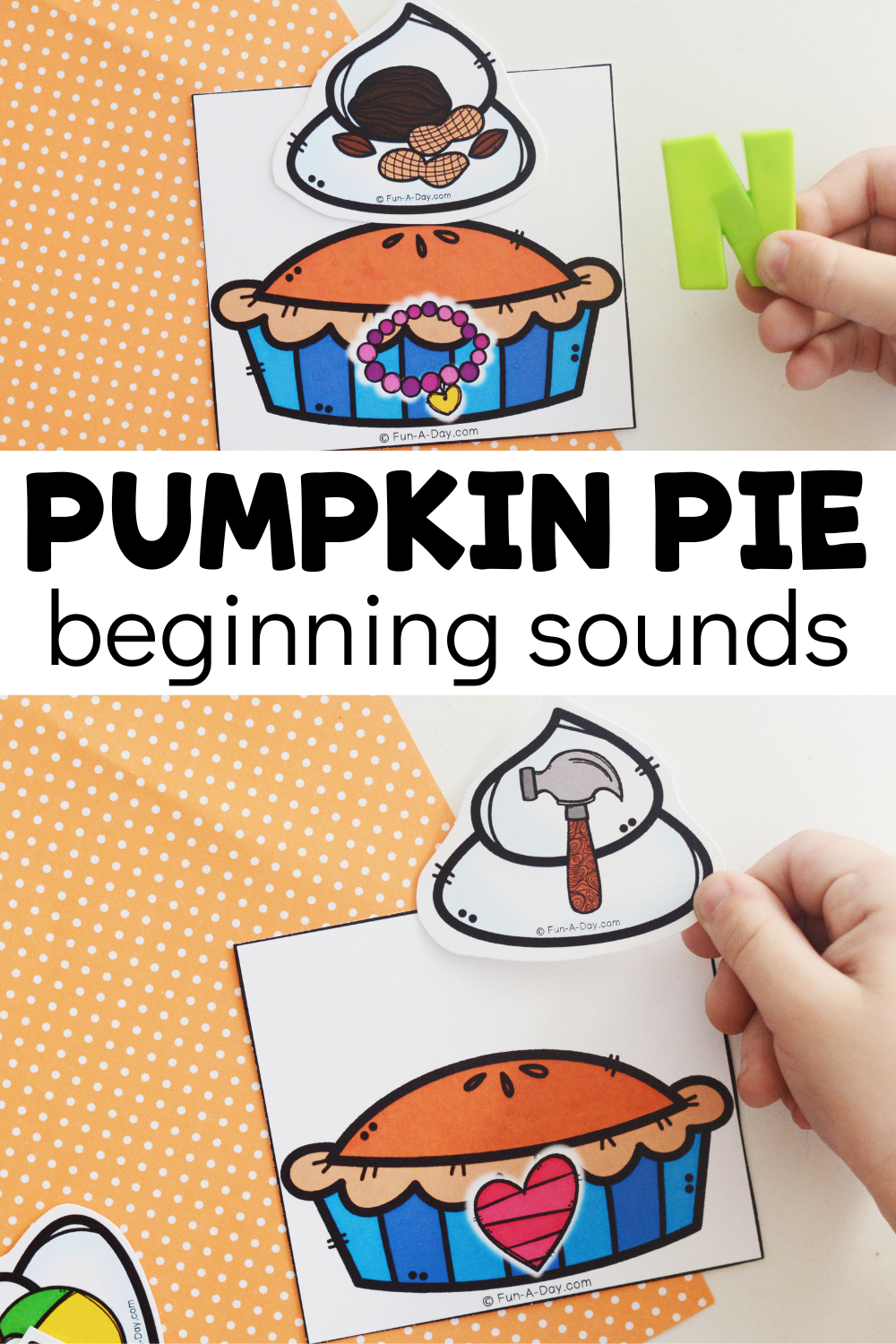 Multiple views of initial sounds game with text that reads pumpkin pie beginning sounds