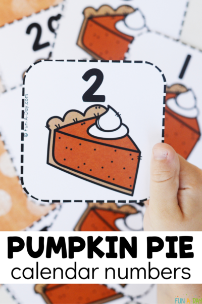 child holding number card with text that reads pumpkin pie calendar numbers