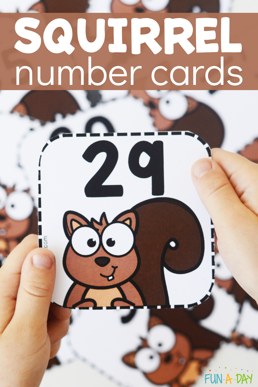 child holding squirrel number 29 with text that reads squirrel number cards
