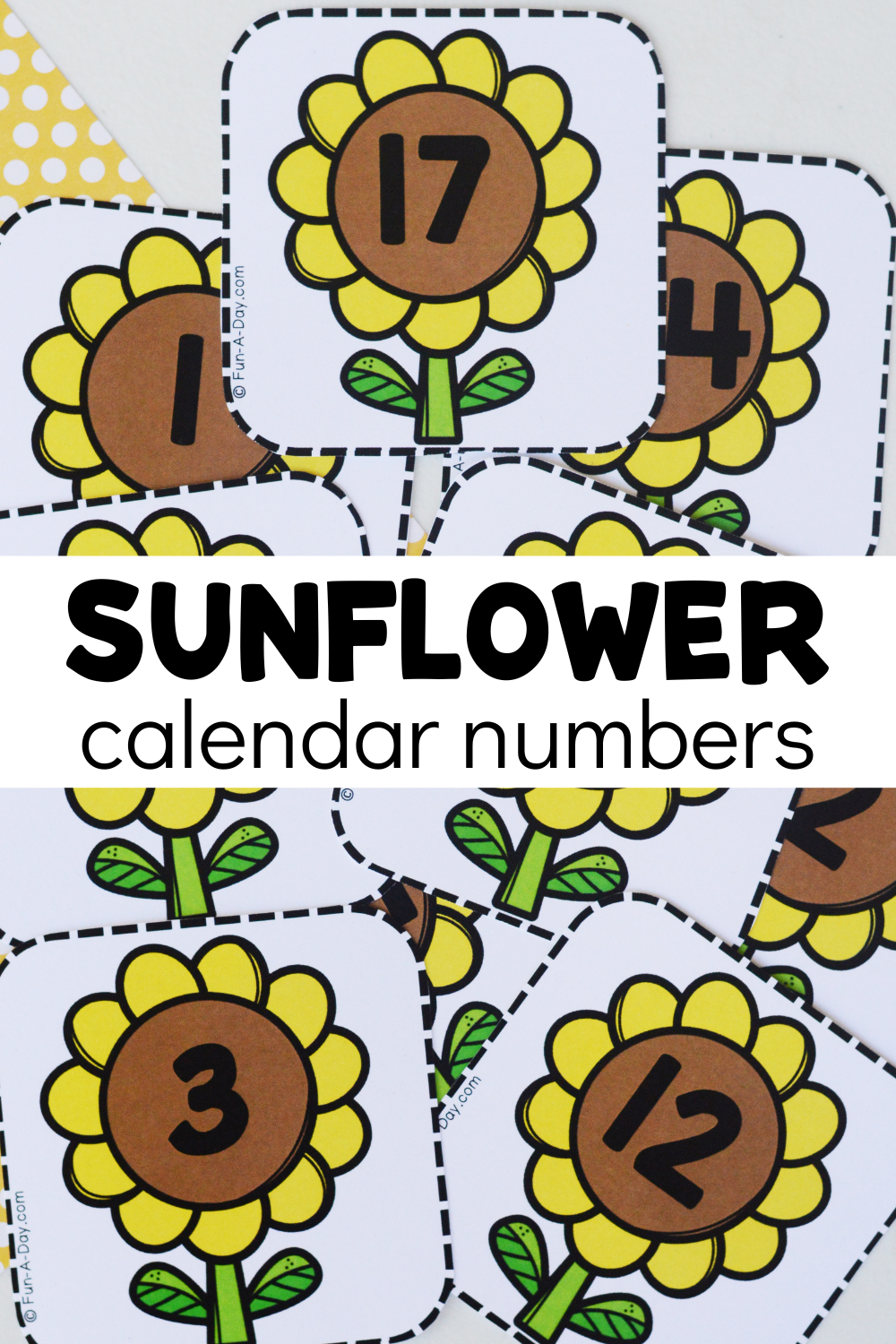 Pile of number cards in disarray with text that reads sunflower calendar numbers