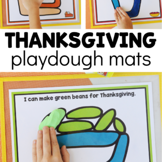 Pumpkin pie, cranberry, and green bean play dough mats with text that reads thanksgiving playdough mats