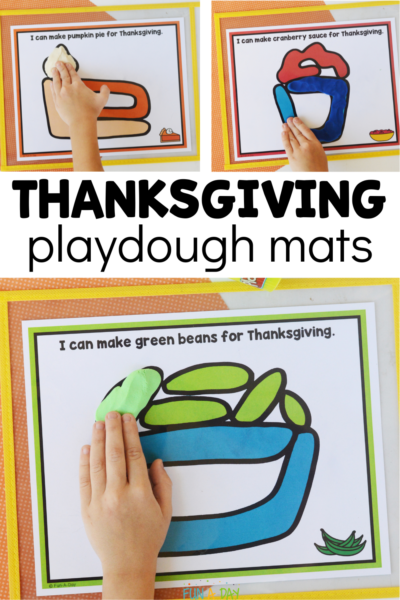 Pumpkin pie, cranberry, and green bean play dough mats with text that reads thanksgiving playdough mats