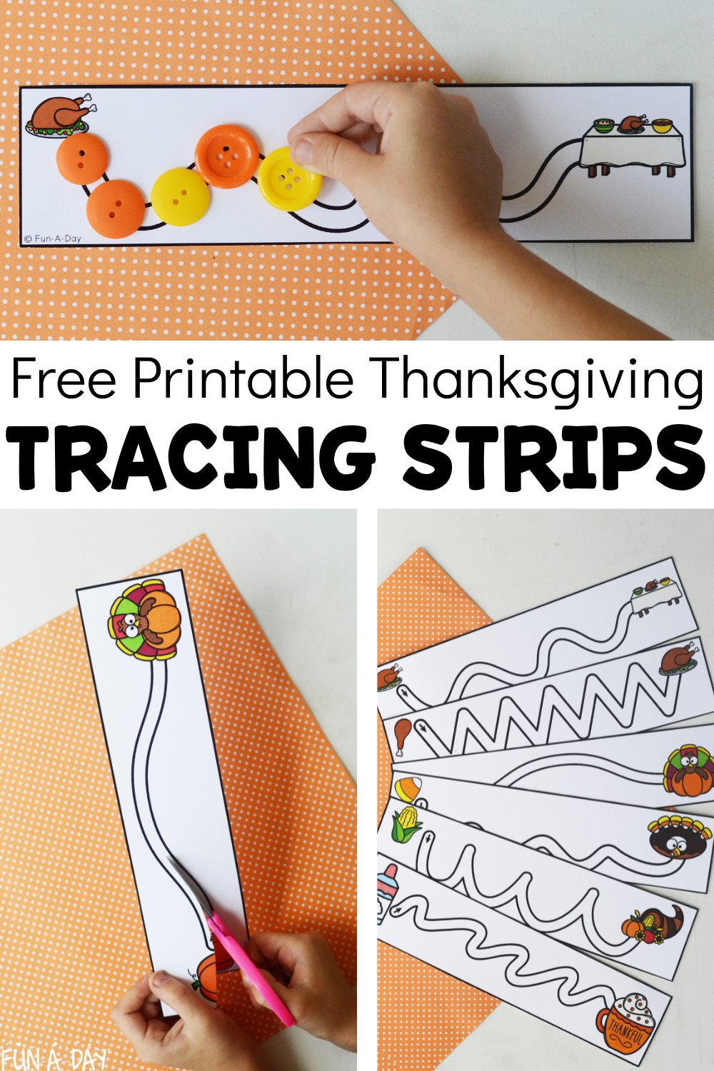 multiple views of cutting strips with text that reads free printable thanksgiving tracing strips