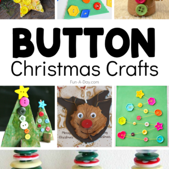 multiple Christmas projects for kids with text that reads button christmas crafts