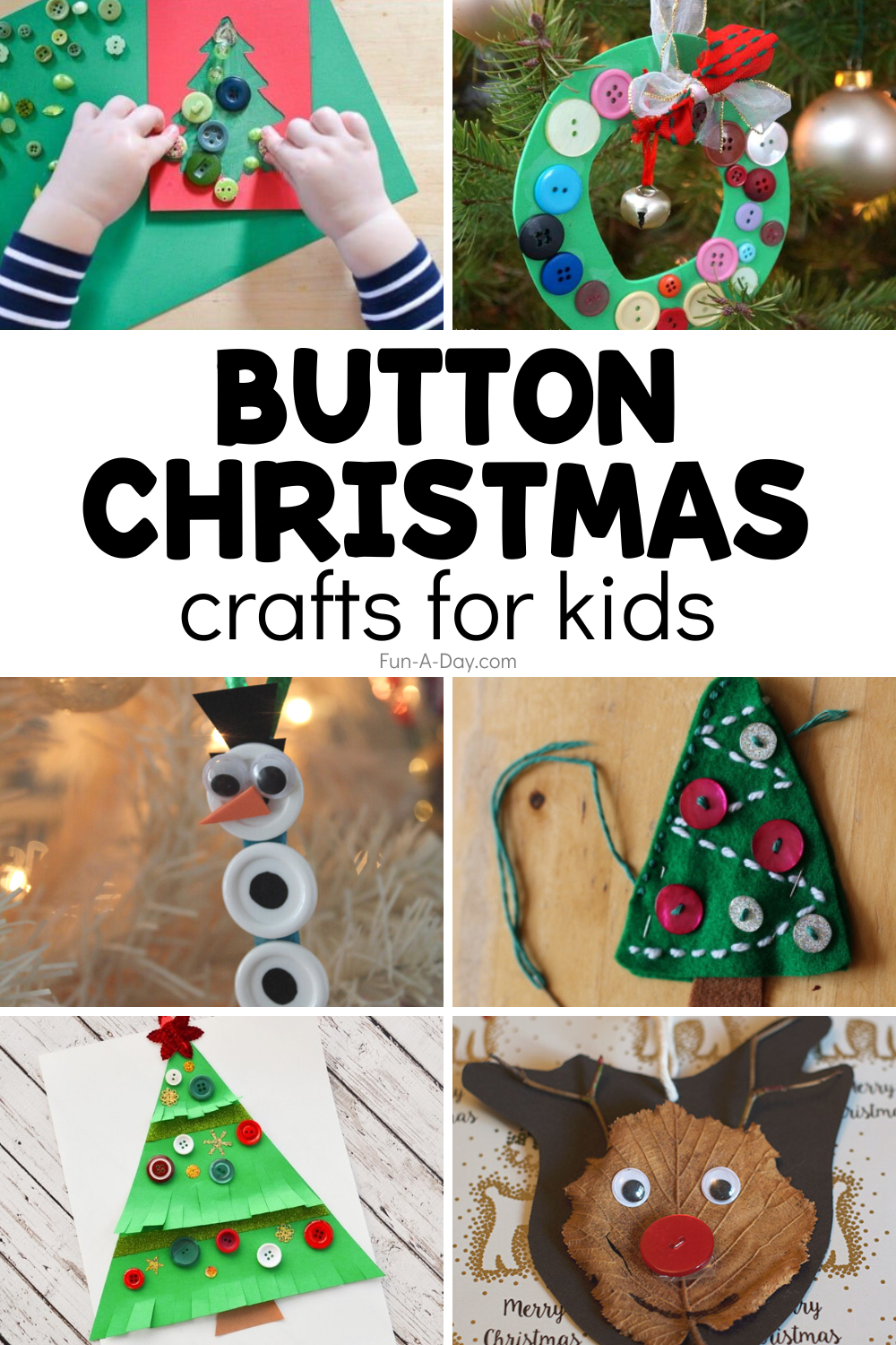 multiple creative holiday projects with text that reads button christmas crafts for kids