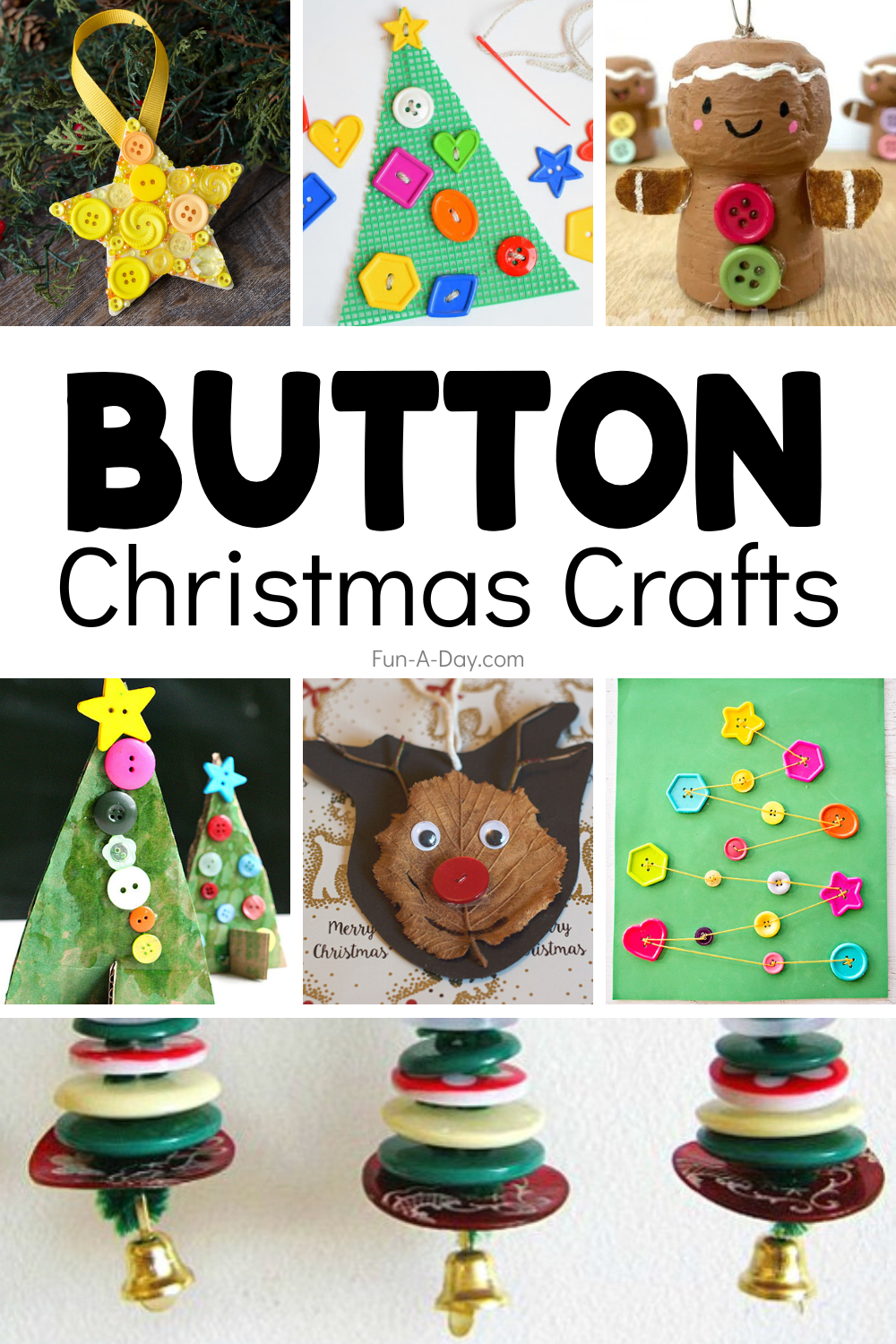 multiple Christmas projects for kids with text that reads button christmas crafts