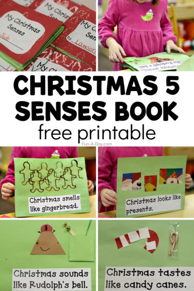 multiple pages from sensory book with text that reads christmas 5 senses book free printable